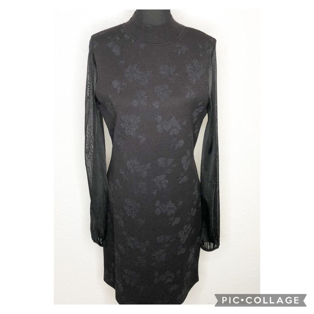 WHBM black metallic floral sheer sleeve sweater knit dress size Large